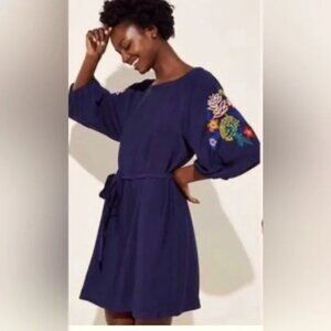 Ann Taylor Loft Navy Blue Sheath Peasant Dress Embroidered Balloon Sleeve Size S